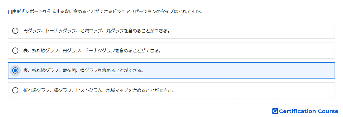 自由形式レポートを作成する際に含めることができるビジュアリゼーションのタイプはどれですか。