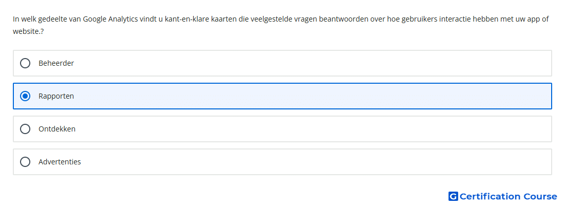 In welk gedeelte van Google Analytics vindt u kant en klare kaarten die veelgestelde vragen beantwoorden over hoe gebruikers inter