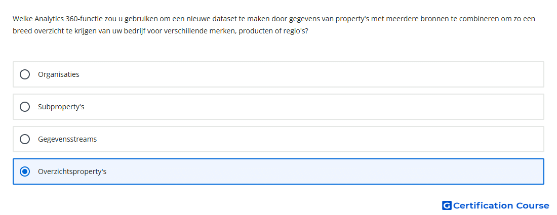 Welke Analytics 360 functie zou u gebruiken om een nieuwe dataset te maken door gegevens van property s met meerdere bronnen te co