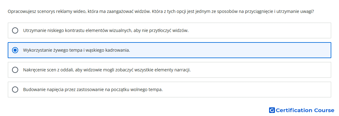 Opracowujesz scenorys reklamy wideo ktora ma zaangazowac widzow Ktora z tych opcji jest jednym ze sposobow na przyciagni
