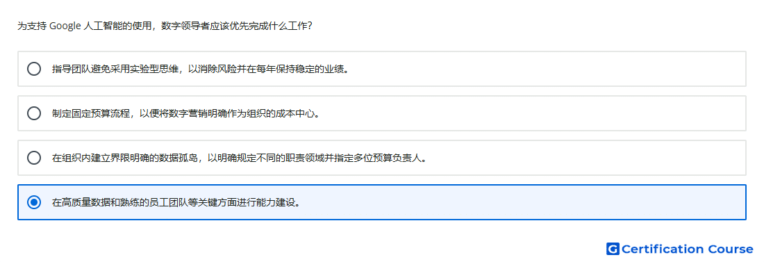 为支持 Google 人工智能的使用 数字领导者应该优先完成什么工作