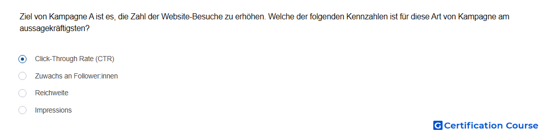 Ziel von Kampagne A ist es die Zahl der Website Besuche zu erhohen Welche der folgenden Kennzahlen ist fur diese Art von Kampagne